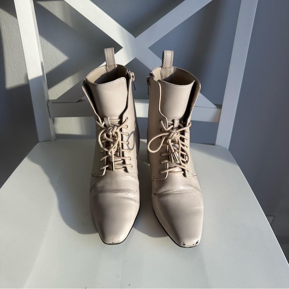 Charles & Keith Tapered Square Toe Lace Up Low Heeled Ankle Boots in Beige